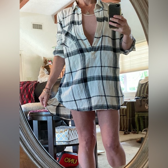 Merona Flannel Plaid White, Black and Gold Tunic Top XL - Picture 7 of 11